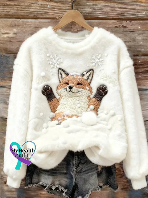Lovely Colorful Fluffy Fuzzy Fox Cozy Plush Sweatshirt White / S