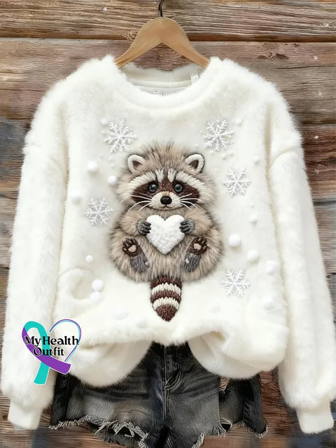 Lovely Colorful Fluffy Fuzzy Raccoon Cozy Plush Sweatshirt White / S
