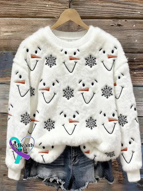 Lovely Colorful Fluffy Fuzzy Snowman Cozy Plush Sweatshirt White / S