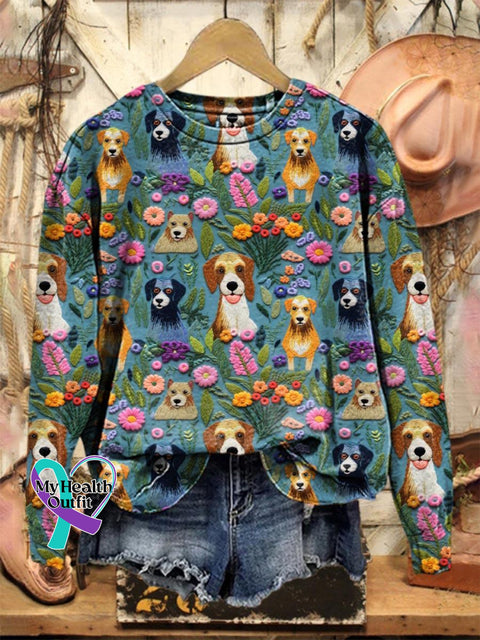 Lovely Dogs Floral Art Print Casual Sweatshirt Multicolor / S