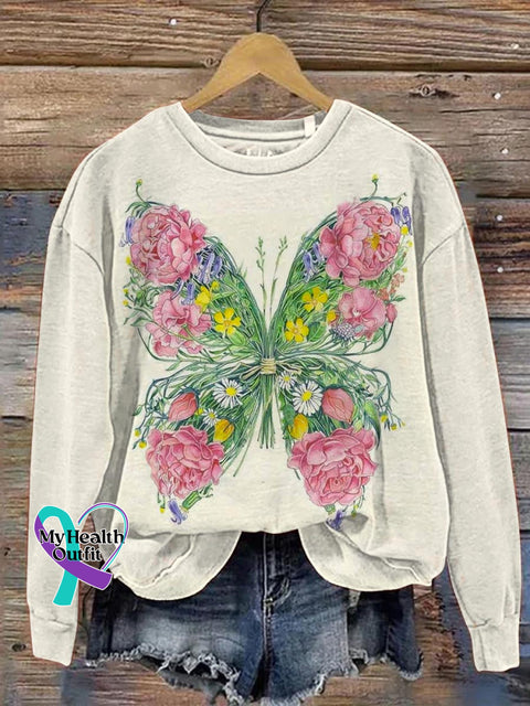 Lovely Floral Butterfly Pattern Art Print Casual Sweatshirt Apricot / S