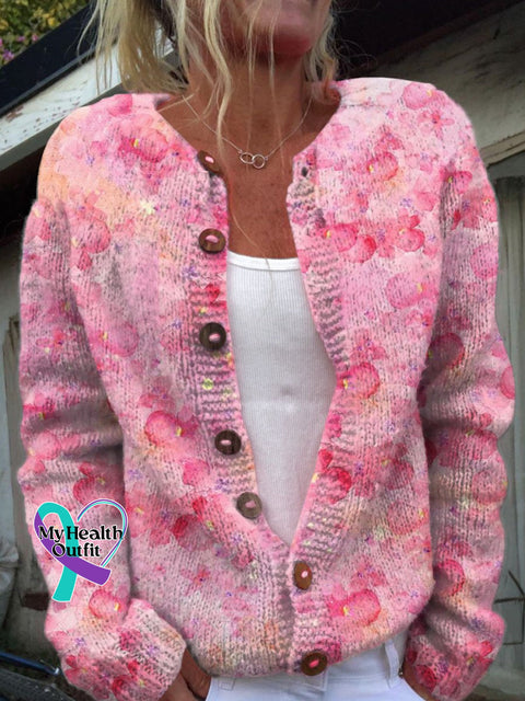 Lovely Flowers Breast Cancer Awareness Art Print Casual Buttoned Cardigan Sweater Pink / S