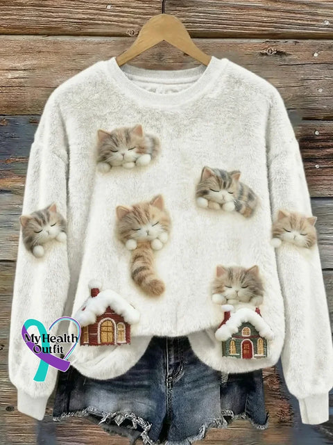 Lovely Fluffy Fuzzy Cat Cozy Plush Sweatshirt Multicolor / S