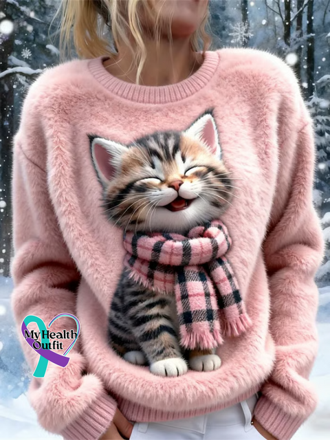 Lovely Fuzzy Colorful Cat Cozy Plush Sweatshirt Multicolor / S