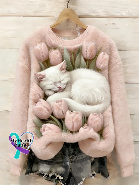 Lovely Fuzzy Colorful Cat Cozy Plush Sweatshirt Multicolor / S