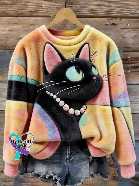 Lovely Fuzzy Colorful Cat Cozy Plush Sweatshirt Multicolor / S