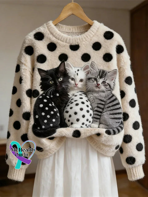 Lovely Fuzzy Colorful Cat Cozy Plush Sweatshirt Multicolor / S