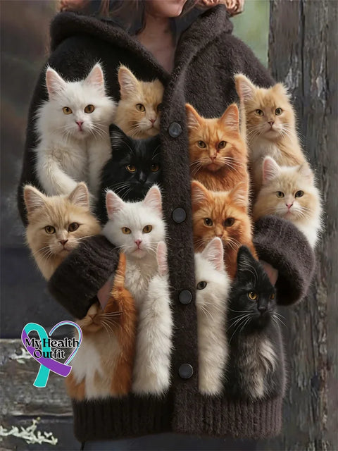 Lovely Fuzzy Colorful Cats Cozy Hooded Cardigan Multicolor / S