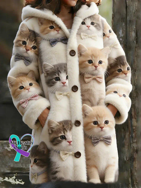 Lovely Fuzzy Colorful Cats Cozy Hooded Cardigan Multicolor / S