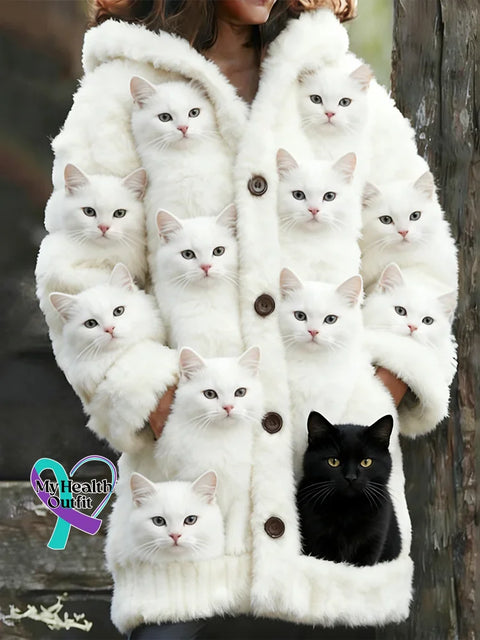 Lovely Fuzzy Colorful Cats Cozy Hooded Cardigan Multicolor / S