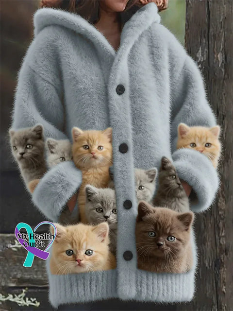 Lovely Fuzzy Colorful Cats Cozy Hooded Cardigan Multicolor / S