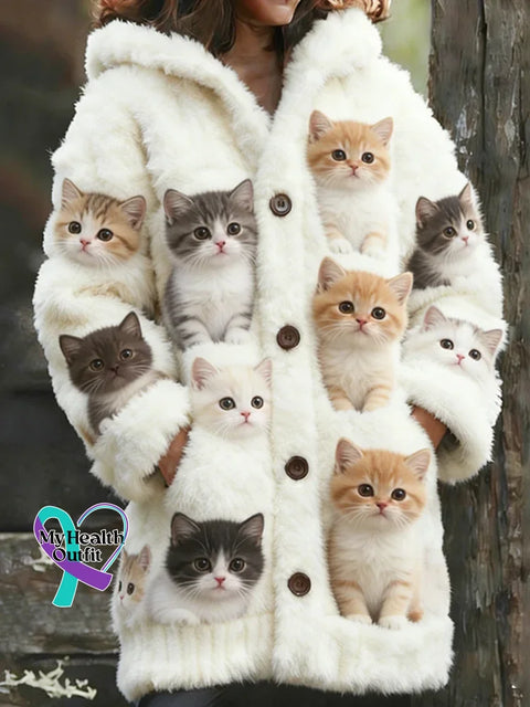 Lovely Fuzzy Colorful Cats Cozy Hooded Cardigan Multicolor / S
