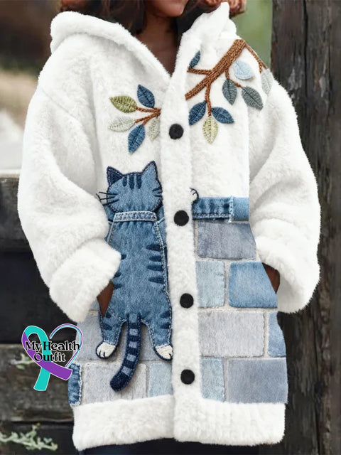 Lovely Fuzzy Colorful Cats Cozy Hooded Cardigan Multicolor / S