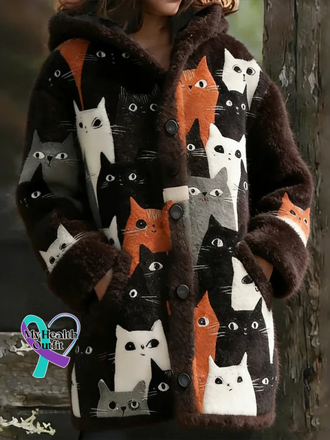 Lovely Fuzzy Colorful Cats Cozy Hooded Cardigan Multicolor / S