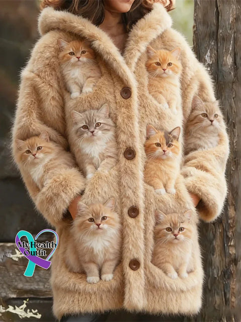 Lovely Fuzzy Colorful Cats Cozy Hooded Cardigan Multicolor / S