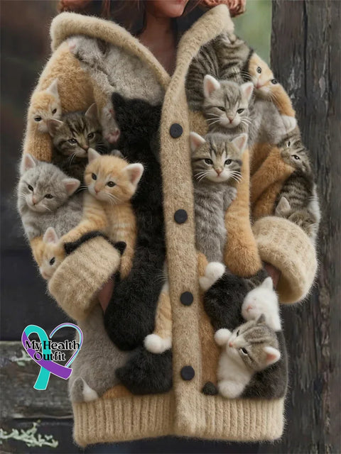 Lovely Fuzzy Colorful Cats Cozy Hooded Cardigan Multicolor / S