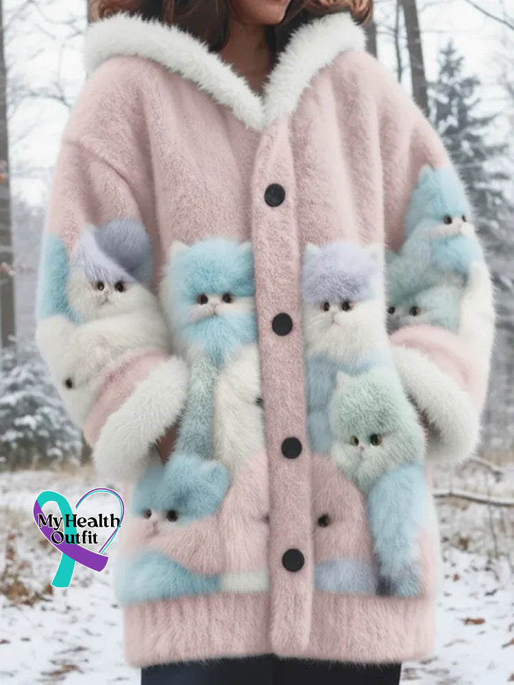 Lovely Fuzzy Colorful Cats Cozy Hooded Cardigan Pink / S