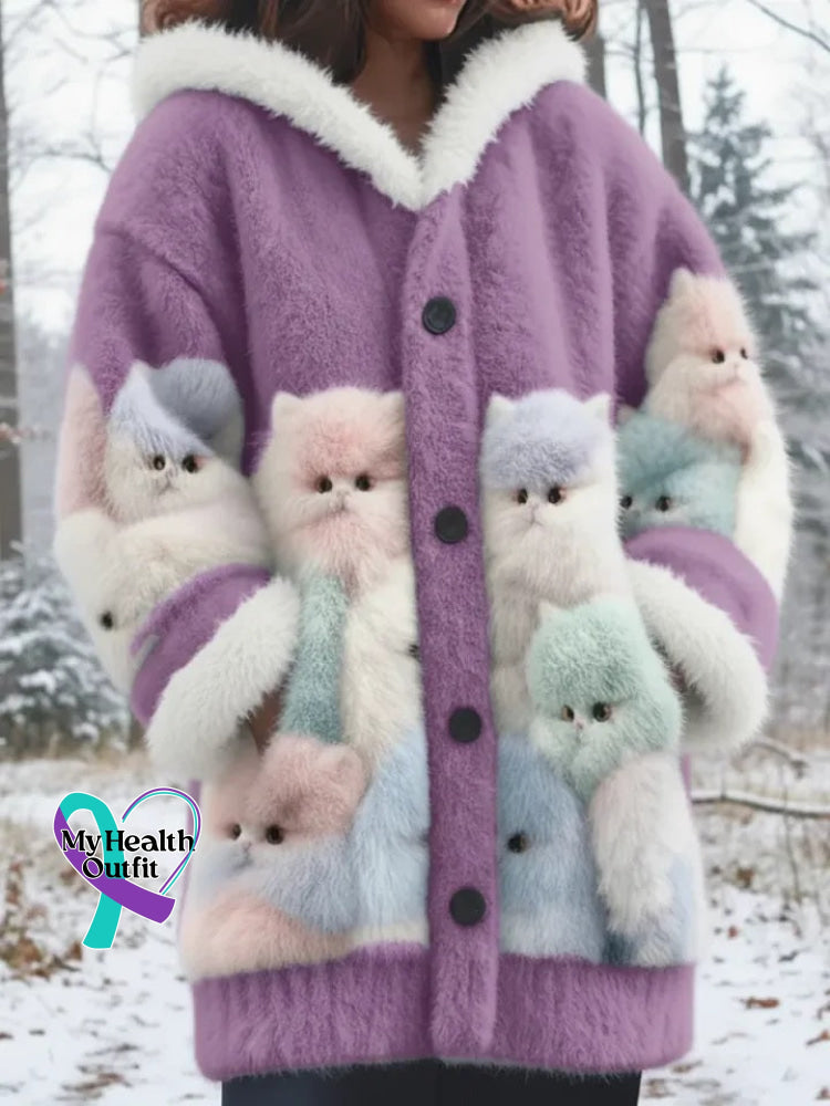 Lovely Fuzzy Colorful Cats Cozy Hooded Cardigan Purple / S