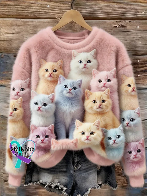 Lovely Fuzzy Colorful Cats Cozy Plush Sweatshirt Multicolor / S
