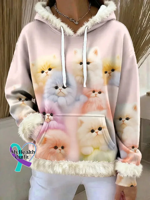 Lovely Fuzzy Colorful Cats Print Hooded Sweatshirt Multicolor / S