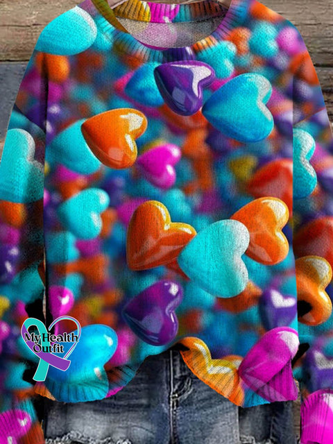 Lovely Heart Art Pattern Print Casual Knit Pullover Sweater