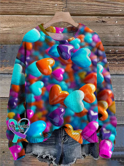 Lovely Heart Art Pattern Print Casual Knit Pullover Sweater Multicolor / S
