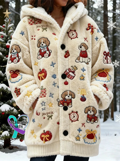 Lovely Puppy Christmas Cozy Knit Hooded Cardigan Multicolor / S