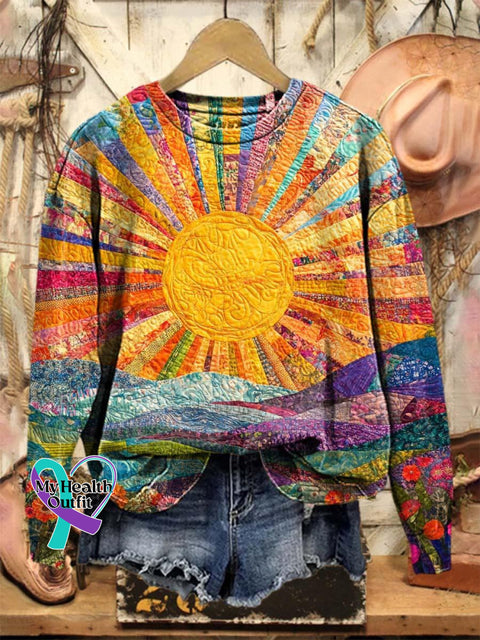 Lovely Sun Floral Patchwork Art Print Casual Sweatshirt Multicolor / S