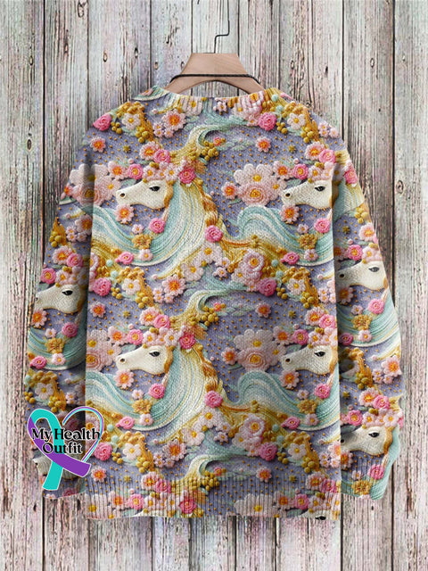 Lovely Unicorn Floral Art Pattern Print Casual Knit Pullover Sweater