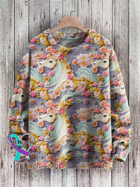 Lovely Unicorn Floral Art Pattern Print Casual Knit Pullover Sweater Multicolor / S