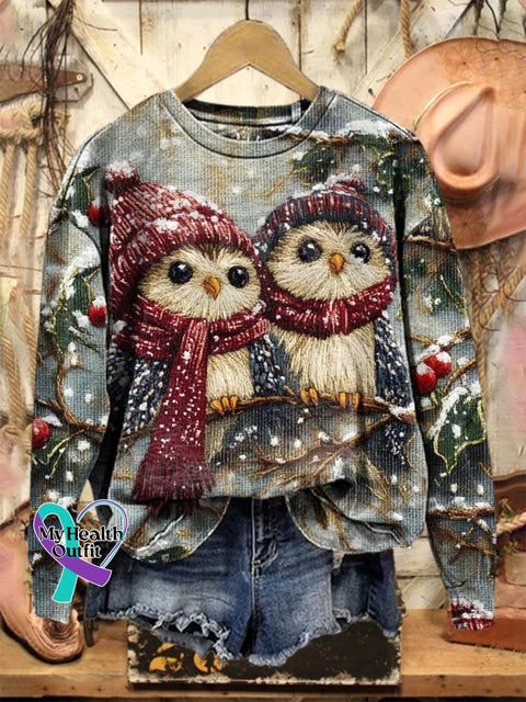 Lovely Winter Owl Art Print Casual Sweatshirt Multicolor / S