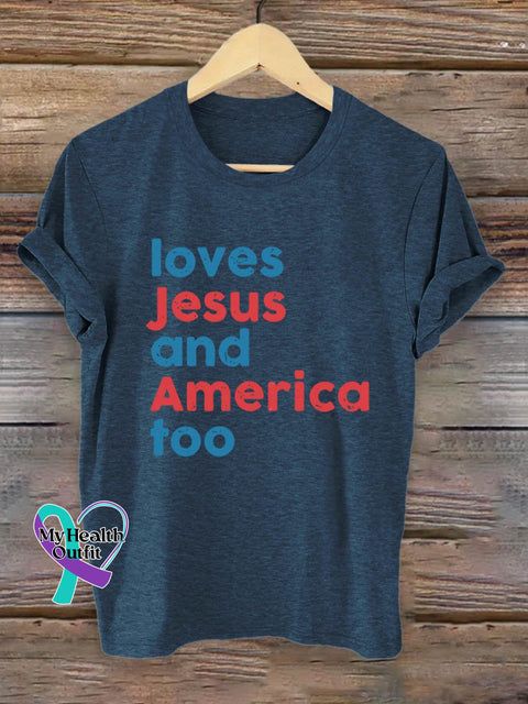 Loves Jesus And America Too Art Print T-Shirt Navy Blue / S