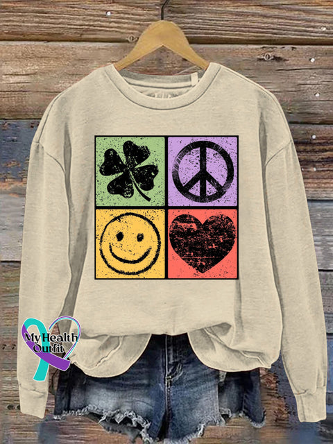 Lucky and Peaceful Love Printed Casual Sweatshirt Beige / S