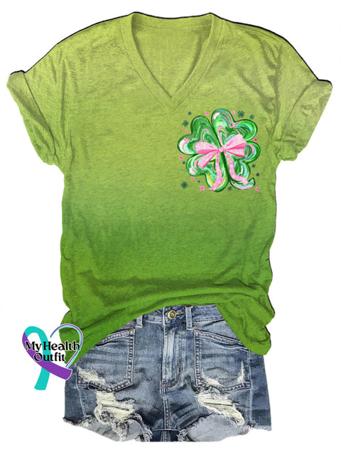 Lucky Clover Bow St. Patrick’s Day Gradient V-Neck Casual Short Sleeve T-Shirt Multicolor / S