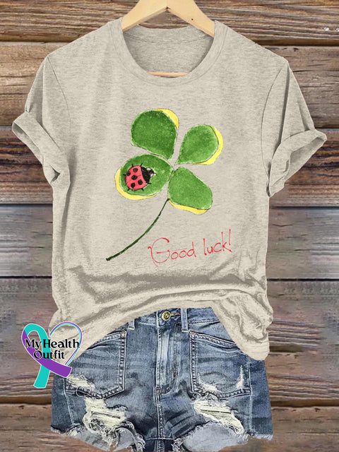 Lucky Clover Ladybug Print Casual Round Neck Short Sleeve T-Shirt Beige / S