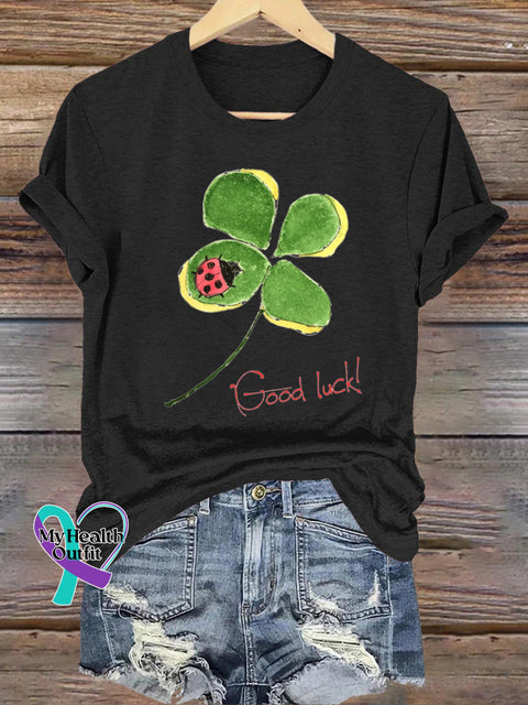 Lucky Clover Ladybug Print Casual Round Neck Short Sleeve T-Shirt Black / S