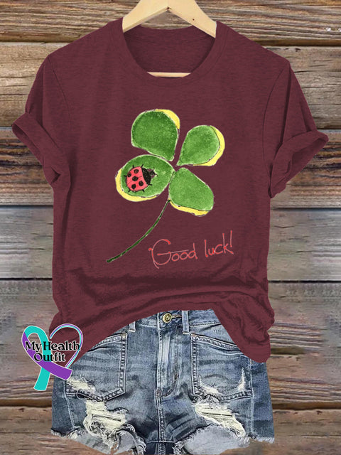 Lucky Clover Ladybug Print Casual Round Neck Short Sleeve T-Shirt Brown / S