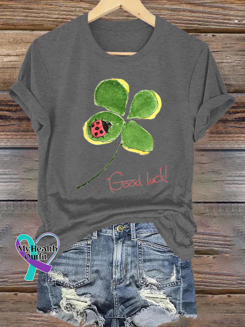 Lucky Clover Ladybug Print Casual Round Neck Short Sleeve T-Shirt Grey / S