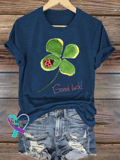 Lucky Clover Ladybug Print Casual Round Neck Short Sleeve T-Shirt NavyBlue / S
