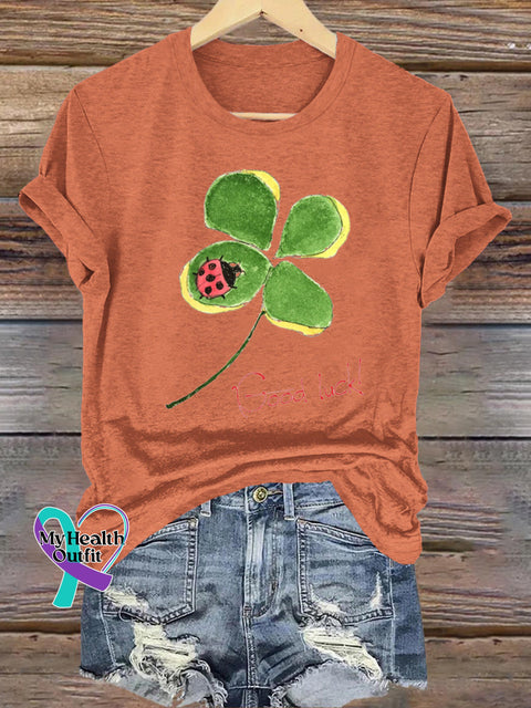 Lucky Clover Ladybug Print Casual Round Neck Short Sleeve T-Shirt Orange / S