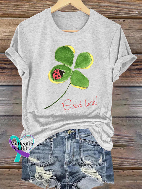Lucky Clover Ladybug Print Casual Round Neck Short Sleeve T-Shirt White / S