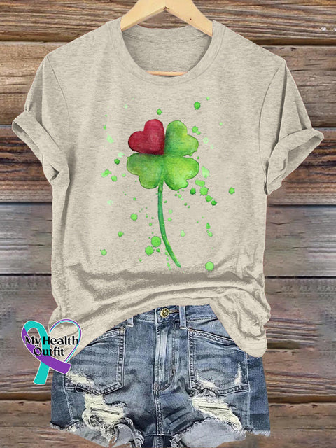 Lucky Clover Love Print Casual Round Neck Short Sleeve T-Shirt Beige / S