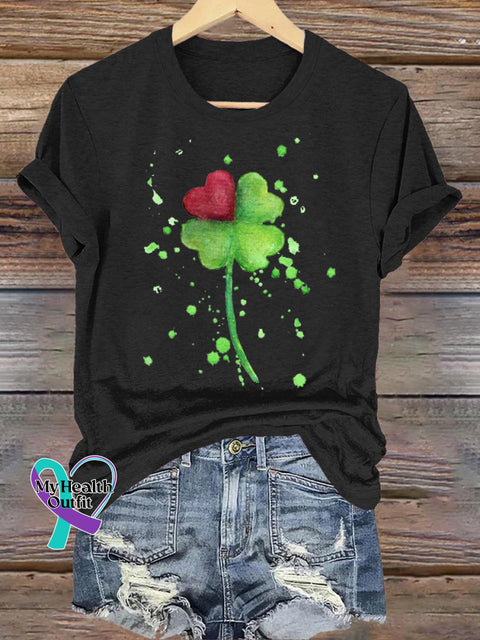 Lucky Clover Love Print Casual Round Neck Short Sleeve T-Shirt Black / S