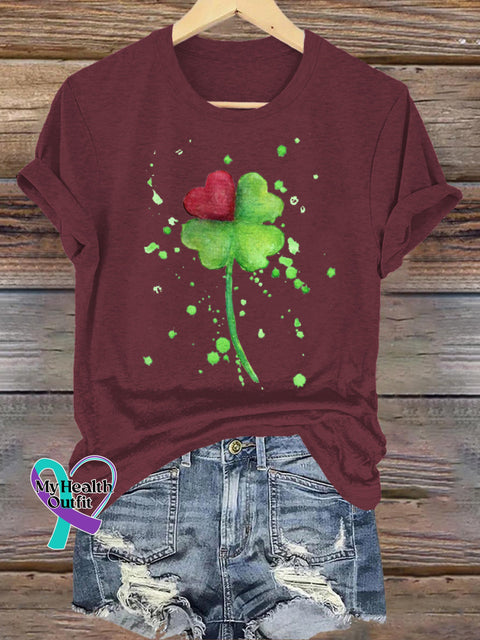 Lucky Clover Love Print Casual Round Neck Short Sleeve T-Shirt Brown / S