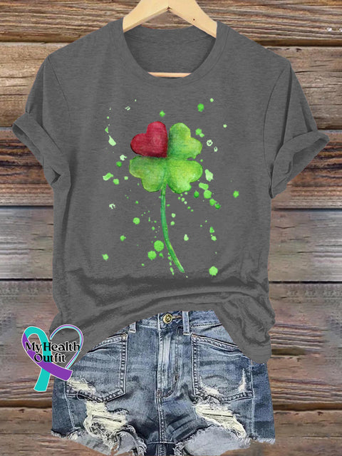 Lucky Clover Love Print Casual Round Neck Short Sleeve T-Shirt Grey / S