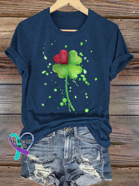 Lucky Clover Love Print Casual Round Neck Short Sleeve T-Shirt NavyBlue / S