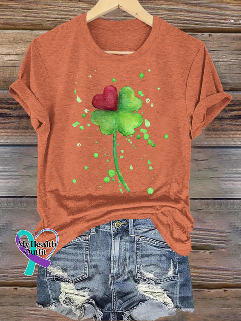 Lucky Clover Love Print Casual Round Neck Short Sleeve T-Shirt Orange / S