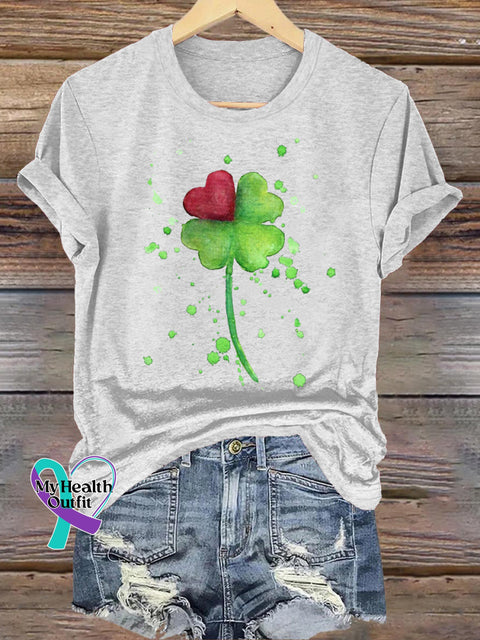 Lucky Clover Love Print Casual Round Neck Short Sleeve T-Shirt White / S