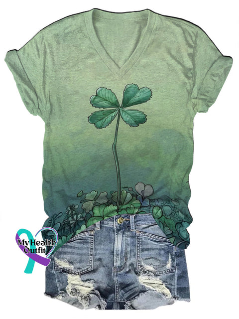 Lucky Clover Print Casual V-Neck Short Sleeve T-Shirt Multicolor / S