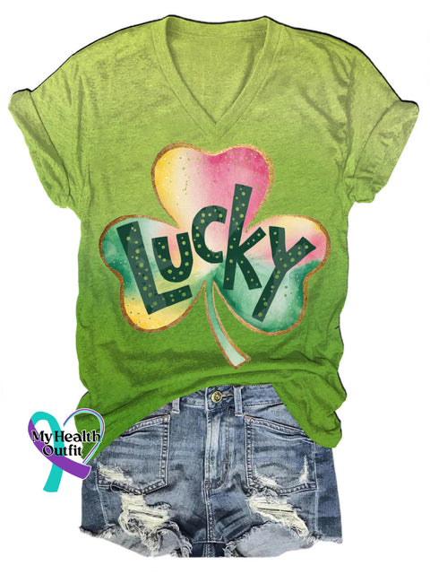 Lucky Shamrock St. Patrick’s Day Gradient V-Neck Casual Short Sleeve T-Shirt Multicolor / S